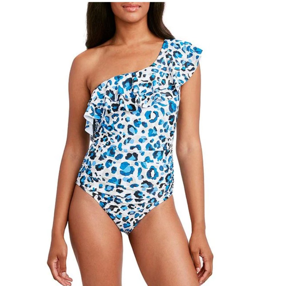 Tahari Wild Side Double Ruffle One Shoulder One Piece Swimsuit